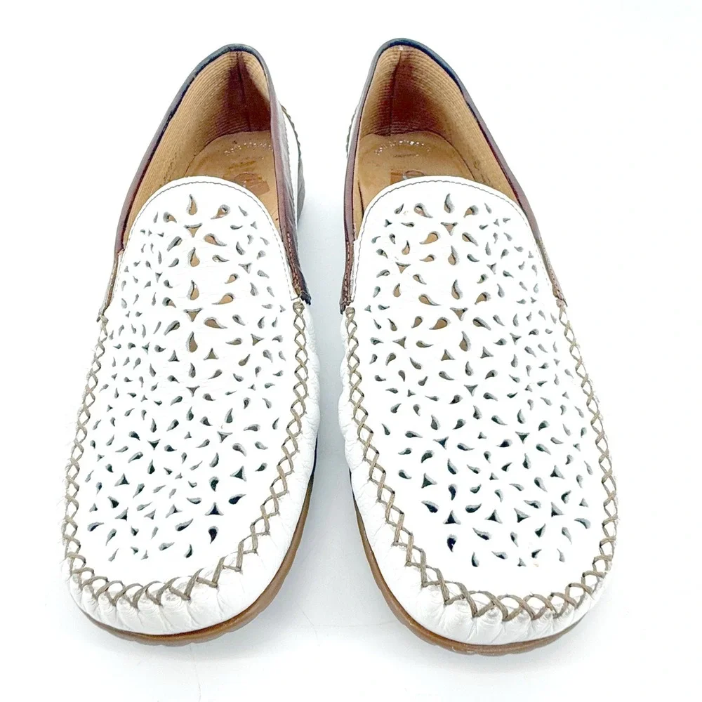 Gabor Comfort Loafers Womens 4.5 UK White Brown Leather Laser Cut Flat